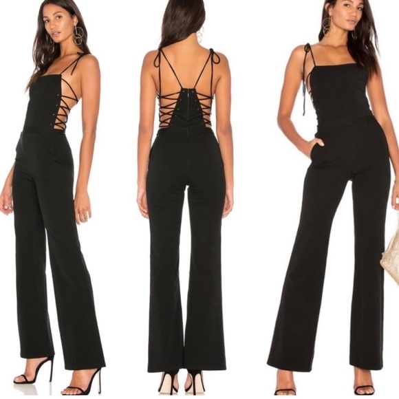 Haute Hippie Formal Jumpsuit Black 6 Wide Leg Lace Up Back Zip Sleeveless Strapp - Picture 1 of 13